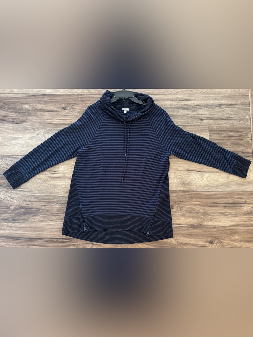 T by Talbots XL Navy Striped Cowl Neck Tunic Top Zip Hem Stretch Pullover